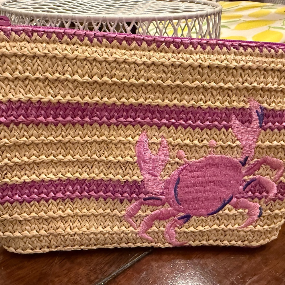 Vera Bradley Straw Clutch with Pink Crab Embroidery